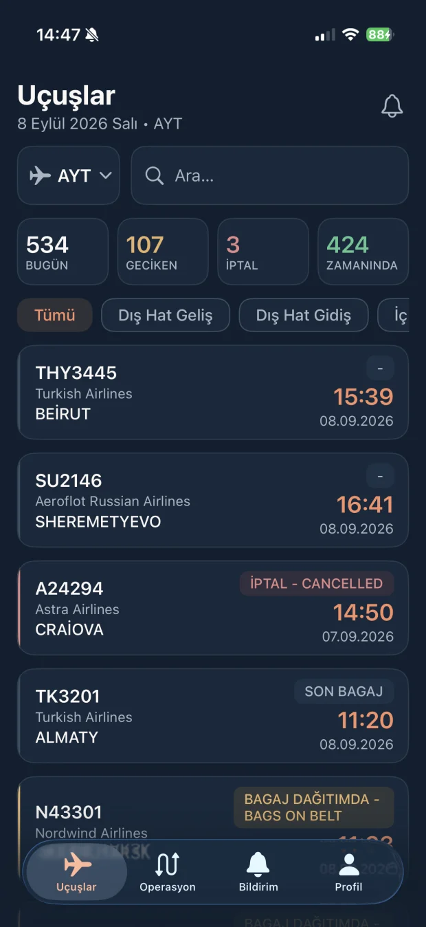 Daily flight list in the Latilon mobile app