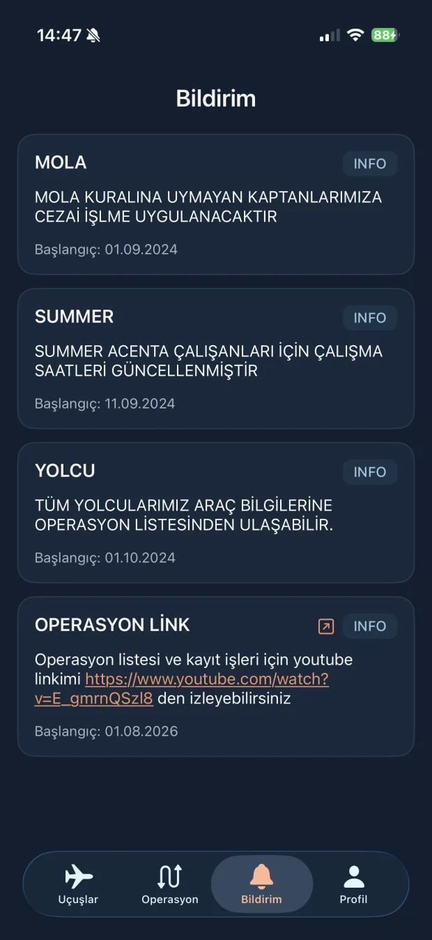 Notification screen in the Latilon mobile app