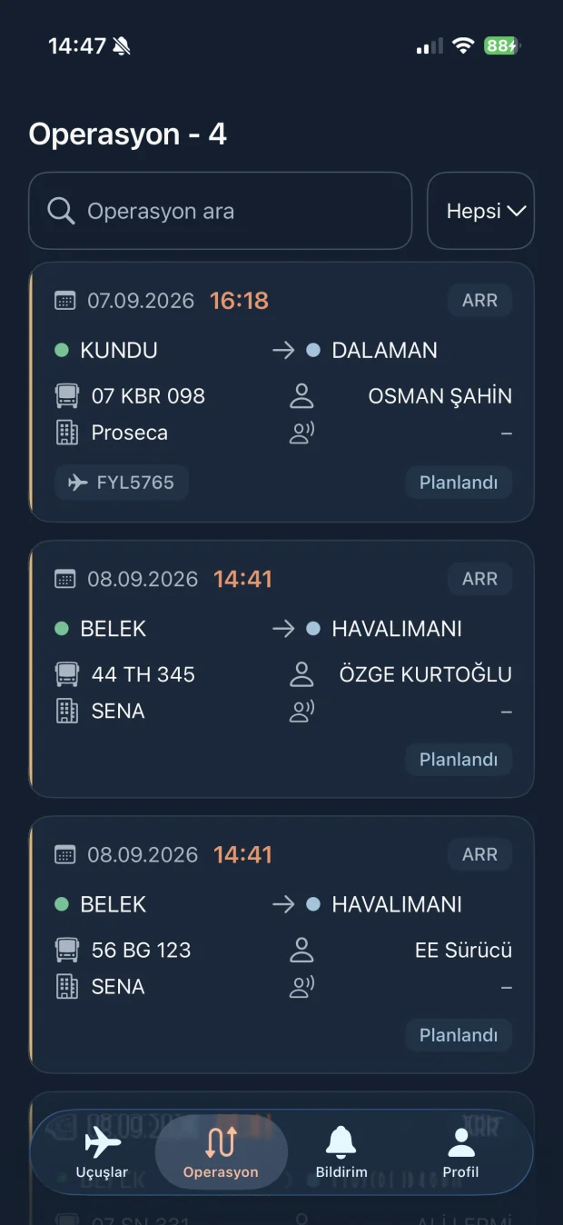 Assigned operations screen in the Latilon mobile app