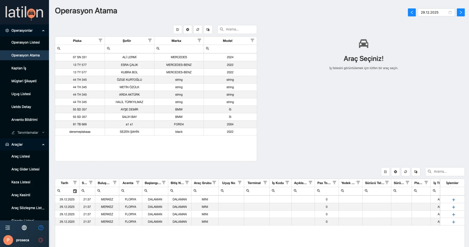 Latilon assignment screen: vehicle and driver list next to the jobs of the day
