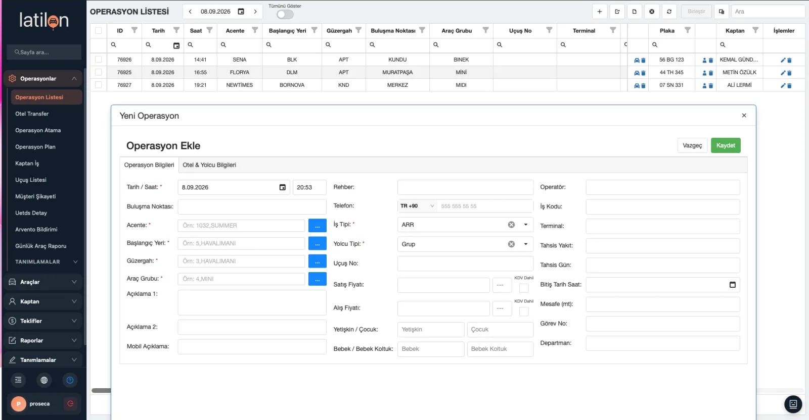 Latilon operation form: date, agency, route, vehicle group, flight number and price fields