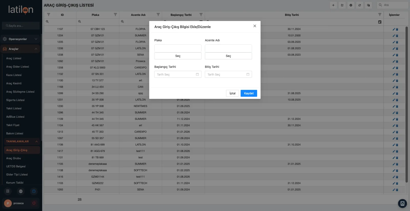 Latilon vehicle entry and exit list: plate, agency name, start and end dates